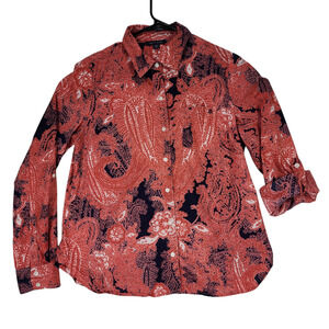 Tommy Hilfiger S Paisley Button Up Shirt Women Orange Blue Roll Tab Sleeves BOHO